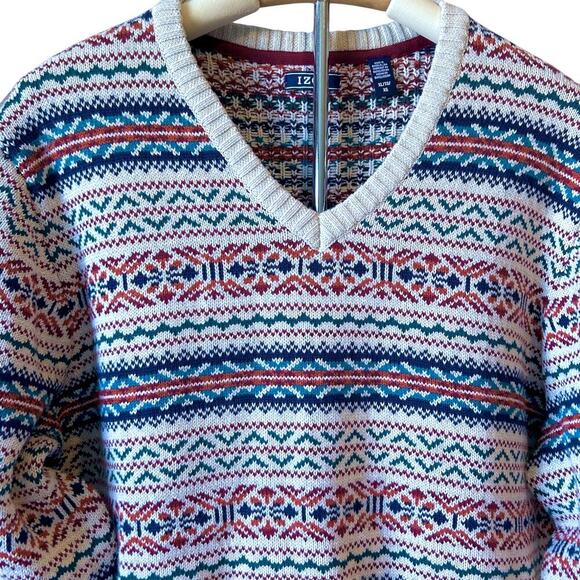 Men's Fair Isle Fisherman Cotton V-neck Long Sleeve Sweater Ribbed Hem Size XL - Picture 3 of 10